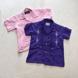 Yucateca Guayabera Shirt Kids Size 4 Purple Pink Embroidered Bundle 2 Shirts